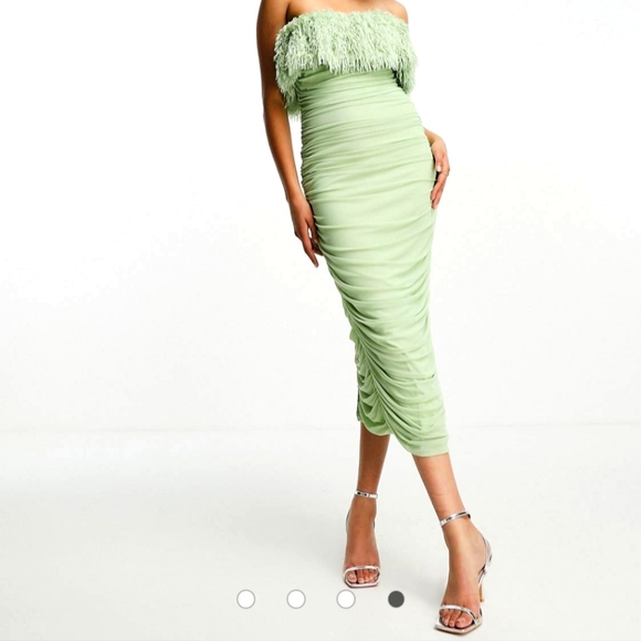 ASOS DESIGN bandeau faux feather mesh midi dress in sage green - 8 - Picture 1 of 8